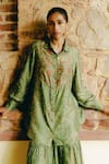 Drishti & Zahabia_Green Dupion Silk Hand Embroidered Kalamkari Shirt Print With Sharara _Online_at_Aza_Fashions