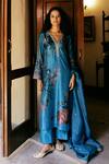 Buy_Drishti & Zahabia_Blue Kurta Dupion Silk Hand Embroidered Aari V Neck Set _at_Aza_Fashions