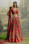 Buy_Drishti & Zahabia_Red Dupion Silk Hand Embroidered Aari V Neck Box Pleat Printed Lehenga Set _at_Aza_Fashions