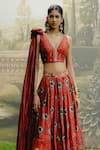 Drishti & Zahabia_Red Dupion Silk Hand Embroidered Aari V Neck Box Pleat Printed Lehenga Set _Online_at_Aza_Fashions