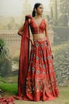 Buy_Drishti & Zahabia_Red Dupion Silk Hand Embroidered Aari V Neck Box Pleat Printed Lehenga Set _Online_at_Aza_Fashions