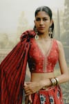 Shop_Drishti & Zahabia_Red Dupion Silk Hand Embroidered Aari V Neck Box Pleat Printed Lehenga Set _Online_at_Aza_Fashions