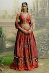 Drishti & Zahabia_Red Dupion Silk Hand Embroidered Aari V Neck Box Pleat Printed Lehenga Set _at_Aza_Fashions