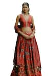 Buy_Drishti & Zahabia_Red Dupion Silk Hand Embroidered Aari V Neck Box Pleat Printed Lehenga Set 