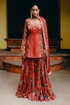 Drishti & Zahabia_Red Top And Sharara Dupion Silk Hand Embroidered Aari V Neck Kurta Set _at_Aza_Fashions