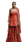 Shop_Drishti & Zahabia_Red Top And Sharara Dupion Silk Hand Embroidered Aari V Neck Kurta Set 