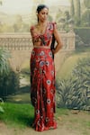 Buy_Drishti & Zahabia_Red Dupion Silk Hand Embroidered Kalamkari Print Pre-draped Saree With Blouse _Online_at_Aza_Fashions