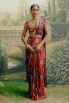 Buy_Drishti & Zahabia_Red Dupion Silk Hand Embroidered Kalamkari Print Pre-draped Saree With Blouse _at_Aza_Fashions