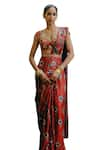 Drishti & Zahabia_Red Dupion Silk Hand Embroidered Kalamkari Print Pre-draped Saree With Blouse _Online_at_Aza_Fashions