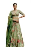 Drishti & Zahabia_Green Blouse And Lehenga Dupion Silk Hand Embroidered Aari Plunge V Neck Set _at_Aza_Fashions