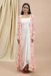 Shop_EWOKE_White Crepe Hand Embroidery Lace Dress Square Rosalind Draped With Cape _Online_at_Aza_Fashions