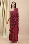 Buy_EWOKE_Red Crepe Hand Embroidery Line Jungle Print Ruffle Pre-draped Saree With Blouse _at_Aza_Fashions