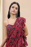 EWOKE_Red Crepe Hand Embroidery Line Jungle Print Ruffle Pre-draped Saree With Blouse _Online_at_Aza_Fashions