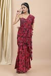 Buy_EWOKE_Red Crepe Hand Embroidery Line Jungle Print Ruffle Pre-draped Saree With Blouse _Online_at_Aza_Fashions