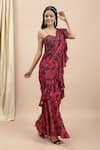 Shop_EWOKE_Red Crepe Hand Embroidery Line Jungle Print Ruffle Pre-draped Saree With Blouse _Online_at_Aza_Fashions