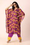 Buy Ewoke Purple Satin Beads V-neck Bloom Print Kaftan With Straight Pant Buy_Ewoke_Purple Satin Beads V-neck Bloom Print Kaftan With Straight Pant