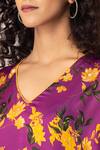 Shop Ewoke Purple Satin Beads V-neck Bloom Print Kaftan With Straight Pant Shop_Ewoke_Purple Satin Beads V-neck Bloom Print Kaftan With Straight Pant