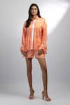 Buy_EWOKE_Orange Chiffon Print Tangello Collar Ruffle Cuff Top With Shorts _at_Aza_Fashions