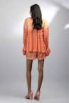 Shop_EWOKE_Orange Chiffon Print Tangello Collar Ruffle Cuff Top With Shorts _at_Aza_Fashions