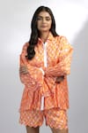 Buy_EWOKE_Orange Chiffon Print Tangello Collar Ruffle Cuff Top With Shorts _Online_at_Aza_Fashions