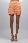 Shop_EWOKE_Orange Chiffon Print Tangello Collar Ruffle Cuff Top With Shorts _Online_at_Aza_Fashions