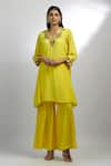 Buy_EWOKE_Yellow Crepe Hand Embroidery Beads V-neck Gold A-line Kurta With Gharara _Online_at_Aza_Fashions