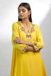 EWOKE_Yellow Crepe Hand Embroidery Beads V-neck Gold A-line Kurta With Gharara _at_Aza_Fashions