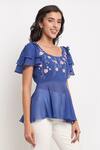 Ewoke_Blue Georgette Embroidery Scoop Neck Floral Thread Peplum Top _Online_at_Aza_Fashions