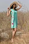 Buy_EWOKE_Blue 100% Hemp Hand Embroidery Floral Round Applique Dress _at_Aza_Fashions