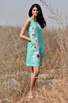 EWOKE_Blue 100% Hemp Hand Embroidery Floral Round Applique Dress _Online_at_Aza_Fashions