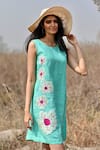 Buy_EWOKE_Blue 100% Hemp Hand Embroidery Floral Round Applique Dress _Online_at_Aza_Fashions