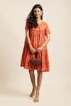 Buy_EWOKE_Orange 100% Hemp Print Flower Round Tiered Dress _at_Aza_Fashions