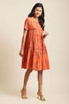 Shop_EWOKE_Orange 100% Hemp Print Flower Round Tiered Dress _at_Aza_Fashions