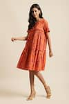 EWOKE_Orange 100% Hemp Print Flower Round Tiered Dress _Online_at_Aza_Fashions