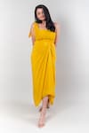 Buy_EWOKE_Yellow Crepe Plain Asymmetric Thea Draped Midi Dress _at_Aza_Fashions