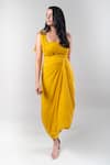 Shop_EWOKE_Yellow Crepe Plain Asymmetric Thea Draped Midi Dress _at_Aza_Fashions