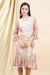 EWOKE_Multi Color Chiffon Printed Geometric Floral Round Claudia Midi Dress _Online_at_Aza_Fashions