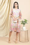 EWOKE_Multi Color Chiffon Printed Geometric Floral Round Claudia Midi Dress _at_Aza_Fashions