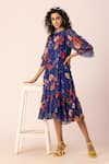 EWOKE_Blue Chiffon Printed Floral Round Whimsilace Midi Dress _at_Aza_Fashions