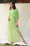 Shop_EWOKE_Green Chiffon Printed Floral V-neck Kia Kaftan _at_Aza_Fashions