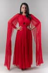 Buy_EWOKE_Red Georgette Embroidered Crystals Round Draped Pleated Gown _at_Aza_Fashions