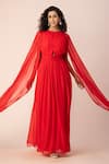 Buy_EWOKE_Red Georgette Embroidered Crystals Round Draped Pleated Gown _Online_at_Aza_Fashions