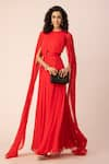 Shop_EWOKE_Red Georgette Embroidered Crystals Round Draped Pleated Gown _at_Aza_Fashions