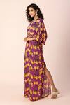 Buy_Ewoke_Purple Satin Embroidery Round Neck Bloom Draped Maxi Dress _Online_at_Aza_Fashions