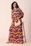 Ewoke_Purple Satin Embroidery Round Neck Bloom Draped Maxi Dress _at_Aza_Fashions