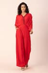 Buy_EWOKE_Red Crepe Embroidered Sequin V-neck Draped Jumpsuit _at_Aza_Fashions