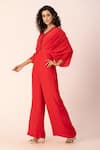 Buy_EWOKE_Red Crepe Embroidered Sequin V-neck Draped Jumpsuit _Online_at_Aza_Fashions