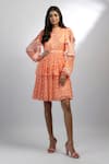 Buy_EWOKE_Orange Chiffon Printed Geometric Closed Round Tangelo Mini Ruffle Dress _at_Aza_Fashions