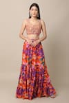 Shop_EWOKE_Orange Crepe Embroidered Mirror Square Gemini Floral Print Skirt Set _Online_at_Aza_Fashions