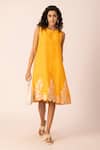 Buy_Ewoke_Yellow Hemp Embroidery Round Neck Floral Border Sheath Dress _at_Aza_Fashions